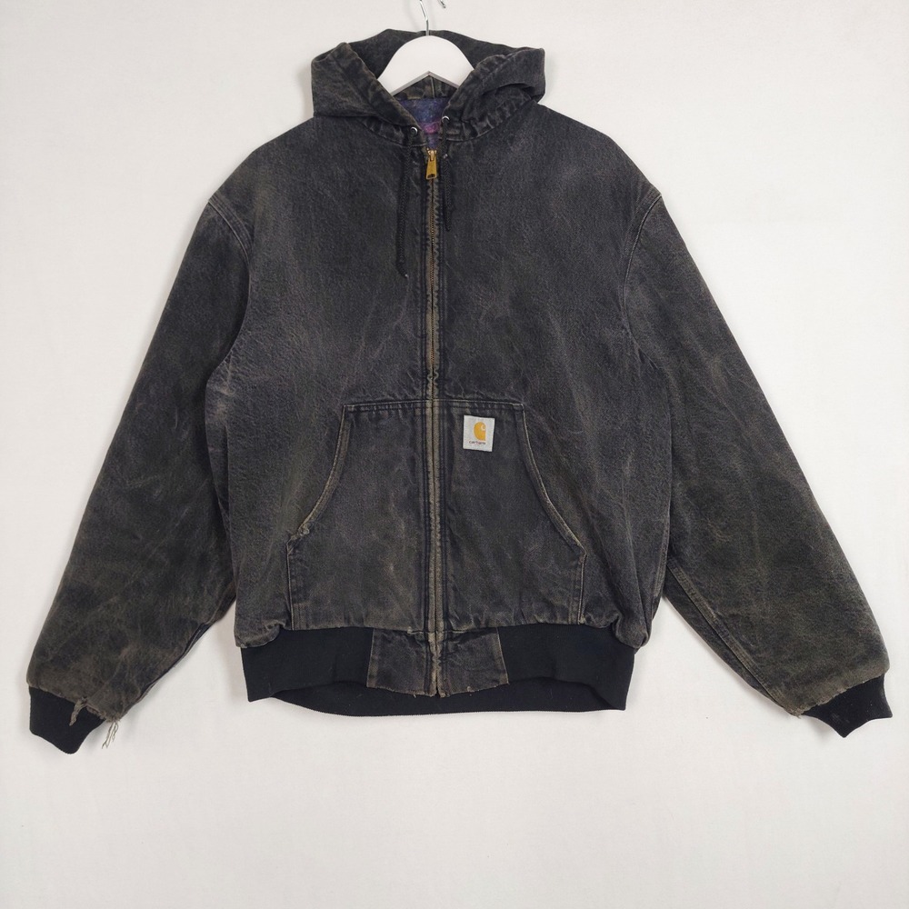 Vintage Carhartt Active Jacket Faded Black Distressed Duck Canvas Hooded Zip Up